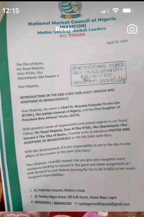 Tinubu’s daughter’s letter to Oba of Benin fuels Edo market leadership crisis