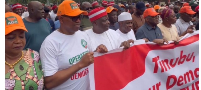 Peter Obi, Kwankwaso Lead ADC Mass Protest In Abuja Against INEC Amid Leadership Crisis